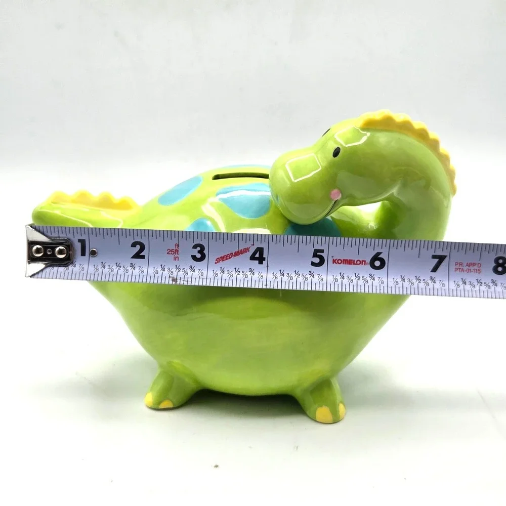 Long Neck Dinosaur Kids Coin Bank Lime Green  & Blue Removable Stopper
